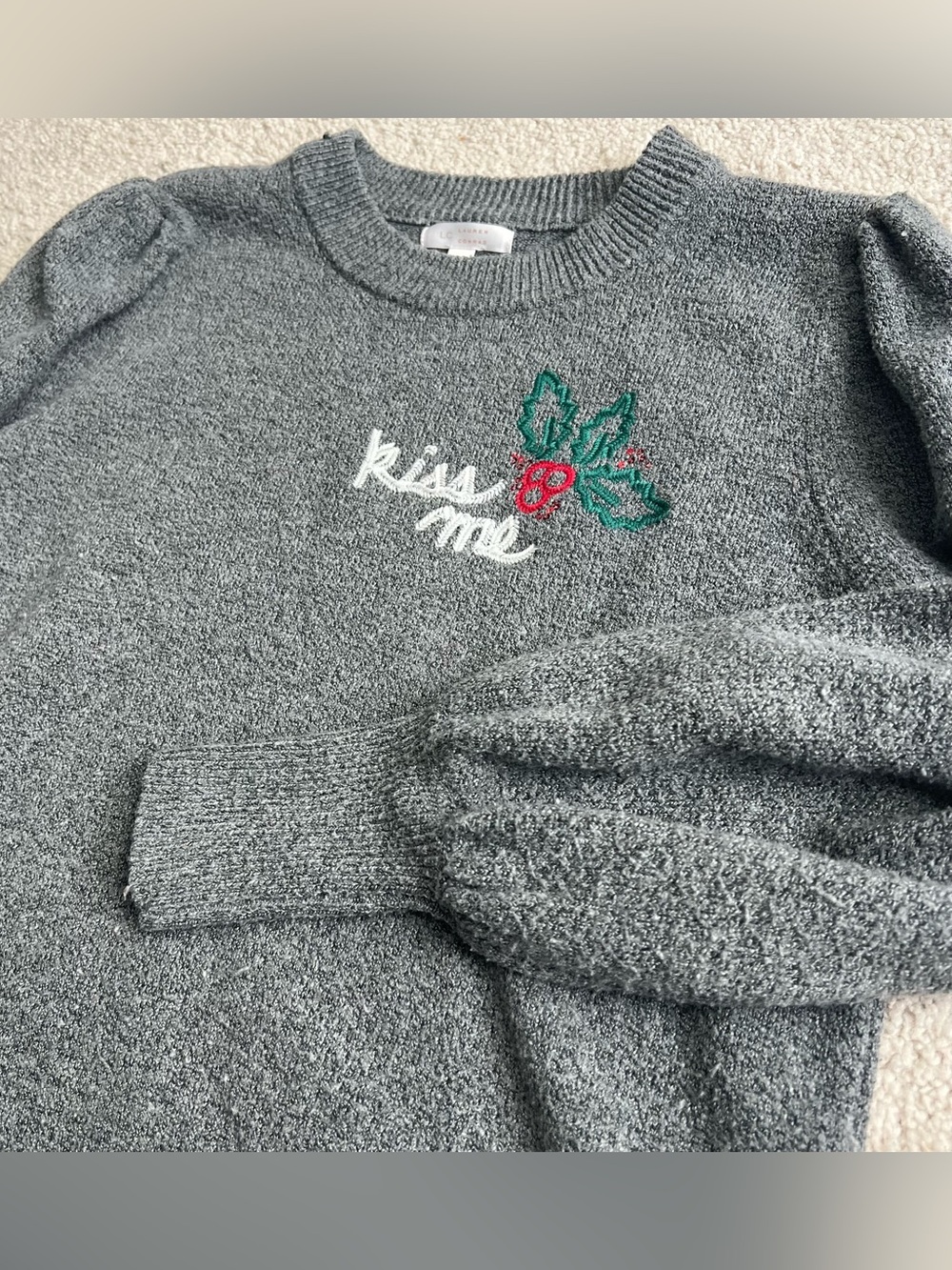 LC Lauren Conrad Kiss Me Grey Crewneck Sweater Medium with Holiday Embroidery